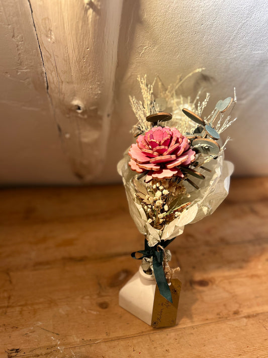 Pink Peony Bloom & Eucalyptus - Wooden & Dried Bouquet - Dominique