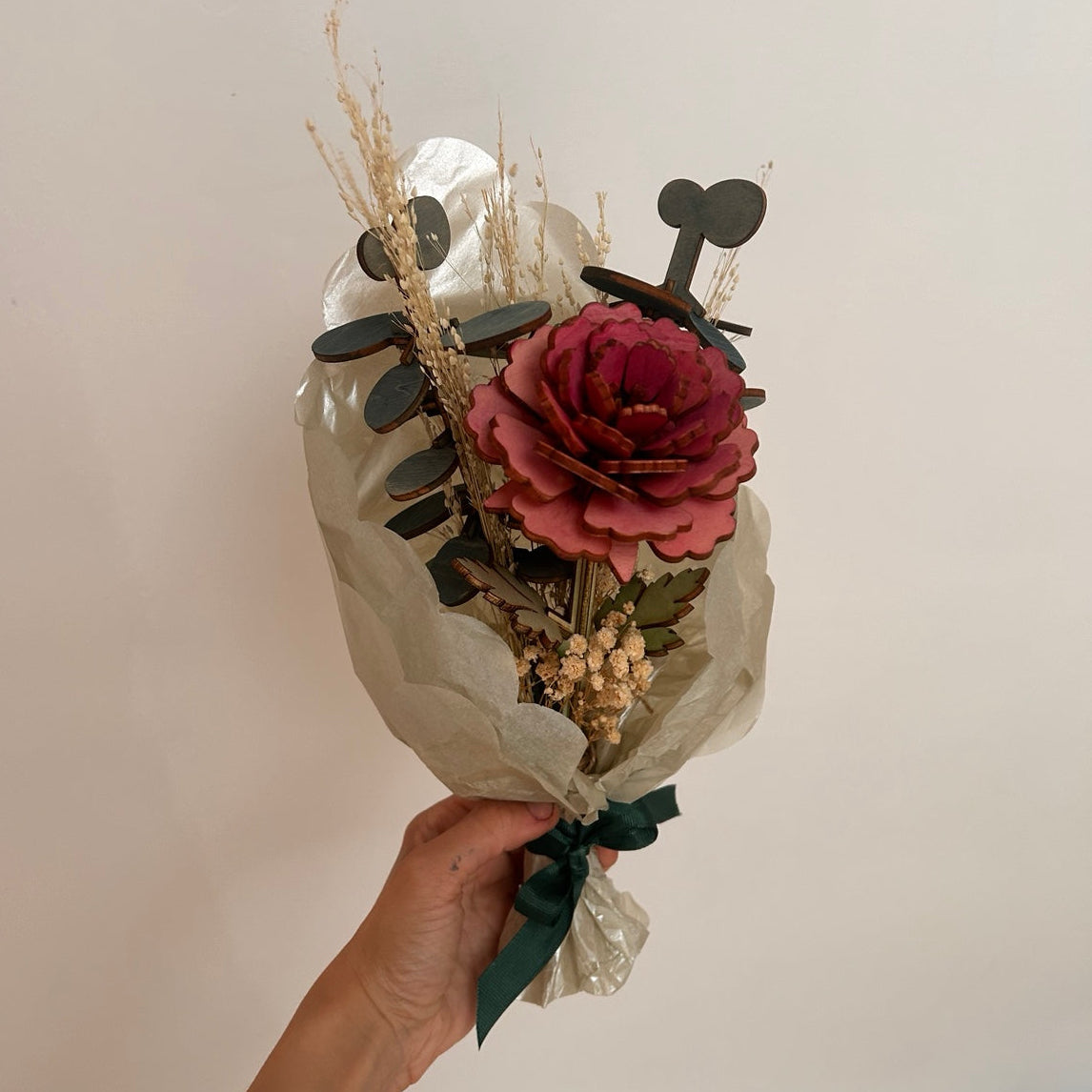 Pink Peony Bloom & Eucalyptus - Wooden & Dried Bouquet - Dominique