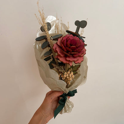Pink Peony Bloom & Eucalyptus - Wooden & Dried Bouquet - Dominique