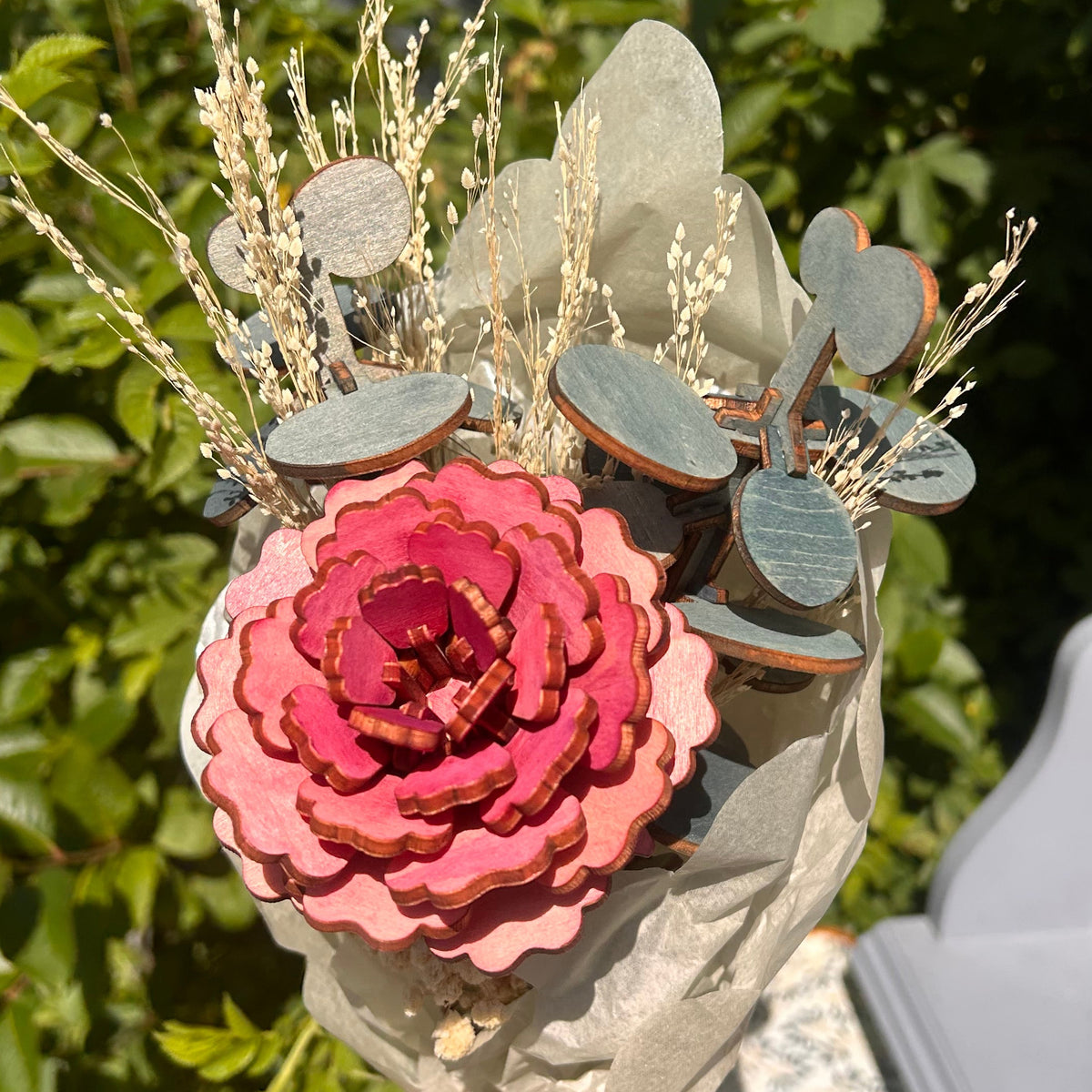 Pink Peony Bloom & Eucalyptus - Wooden & Dried Bouquet - Dominique