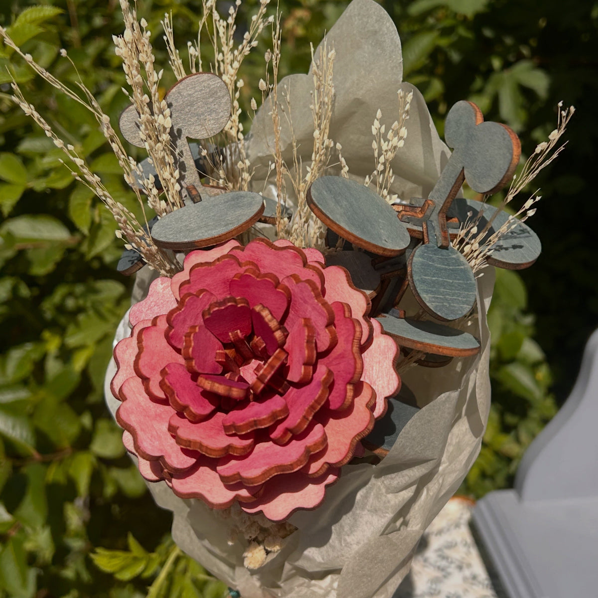 Pink Peony Bloom & Eucalyptus - Wooden & Dried Bouquet - Dominique