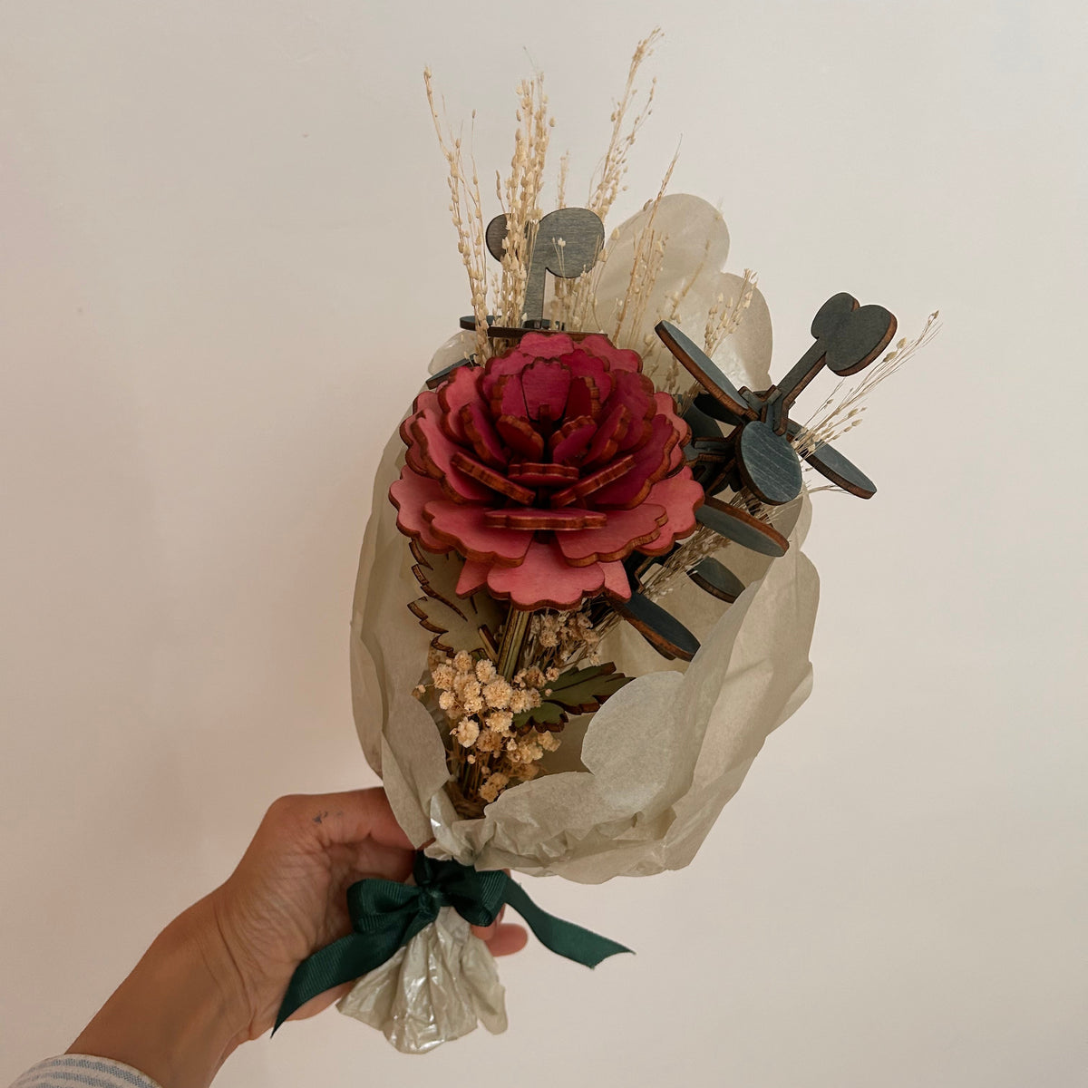 Pink Peony Bloom & Eucalyptus - Wooden & Dried Bouquet - Dominique