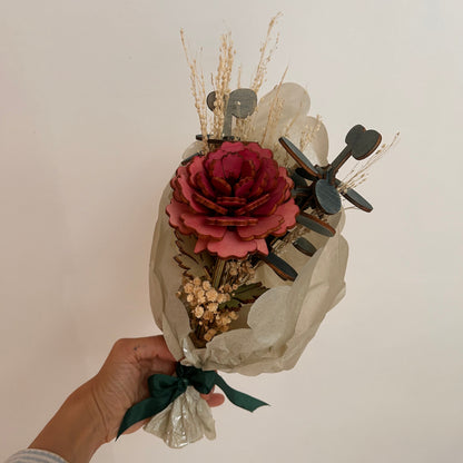 Pink Peony Bloom & Eucalyptus - Wooden & Dried Bouquet - Dominique