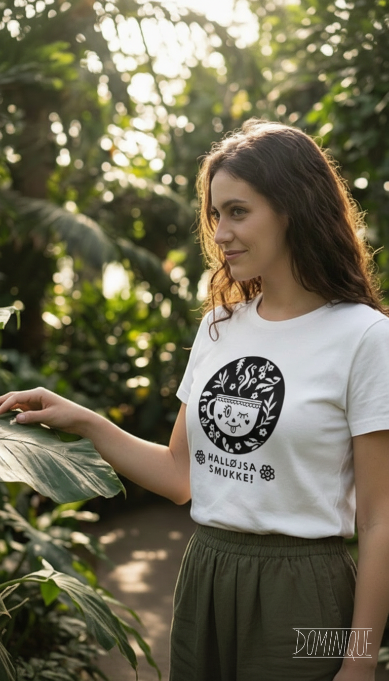 Woman wearing a white t-shirt with a logo, standing in a garden.