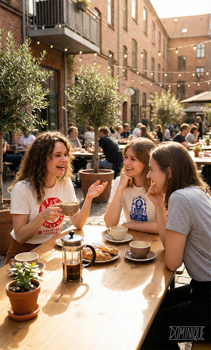 Three women sitting at an outdoor cafe table enjoying coffee and pastries.