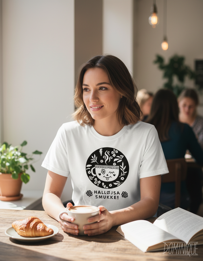 Woman sitting at a table with a cup of coffee and a book, wearing a white t-shirt with a logo and text.