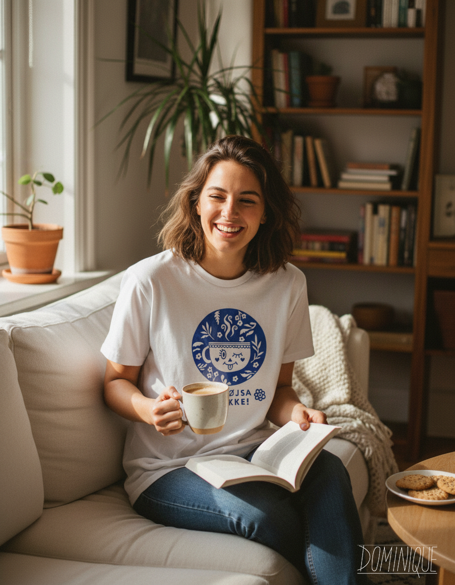 Woman sitting on a couch holding a mug and a book in a cozy living room.