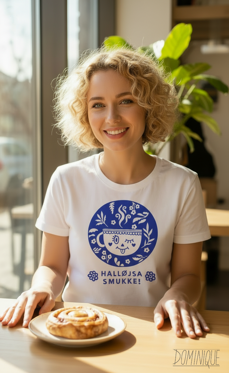 Woman wearing a white t-shirt with a blue design, sitting at a table with a pastry.