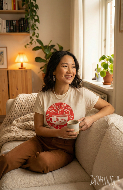 Woman sitting on a couch holding a mug in a cozy living room.