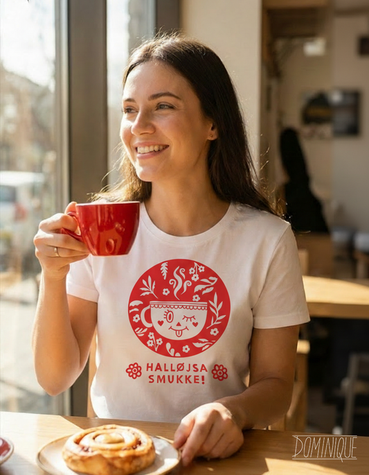 Woman in a cafe holding a red mug and a pastry, wearing a white t-shirt with a logo.