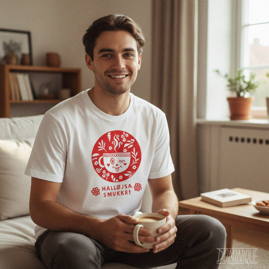 Man wearing a white t-shirt with a red design, sitting in a cozy living room holding a mug.