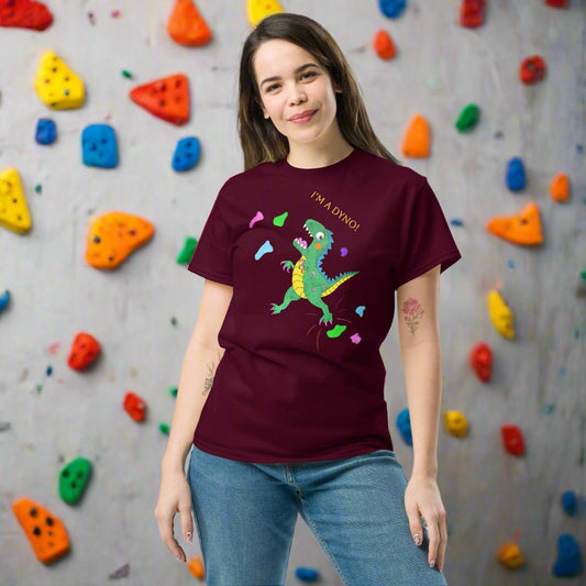 I'm a Dyno! Bouldering T-Shirt–Climbers & Outdoor Enthusiasts, Dino Lovers, Rock Climbing, Boulders Tee Sport Climber Gift, Present, Dynamic - Dominique