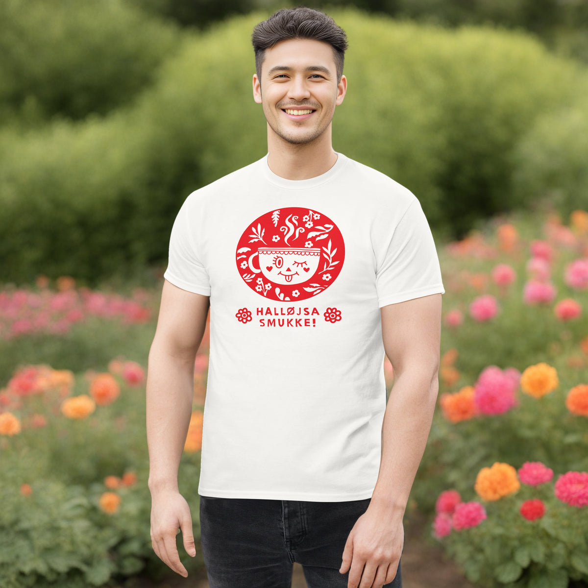 Halløjsa Smukke T-Shirt (RED): Retro Danish Coffee Art for Your Wardro
